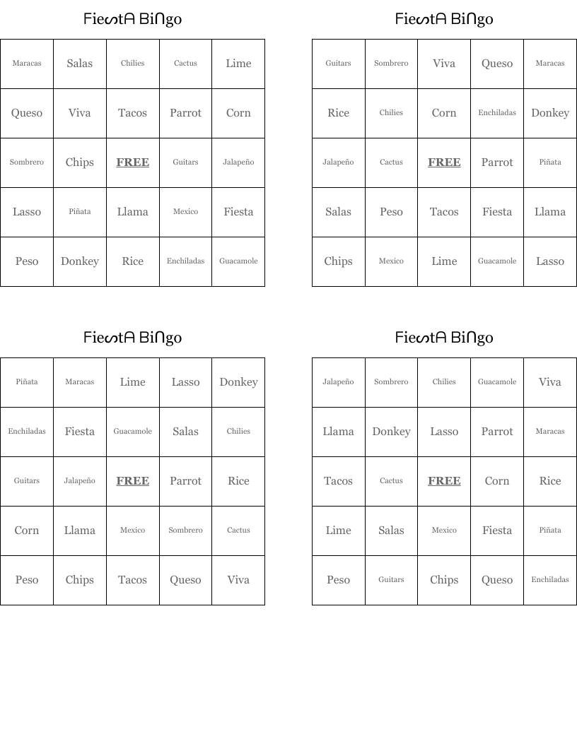 ᖴieᔕtᗩ ᗷiᑎgo Bingo Cards