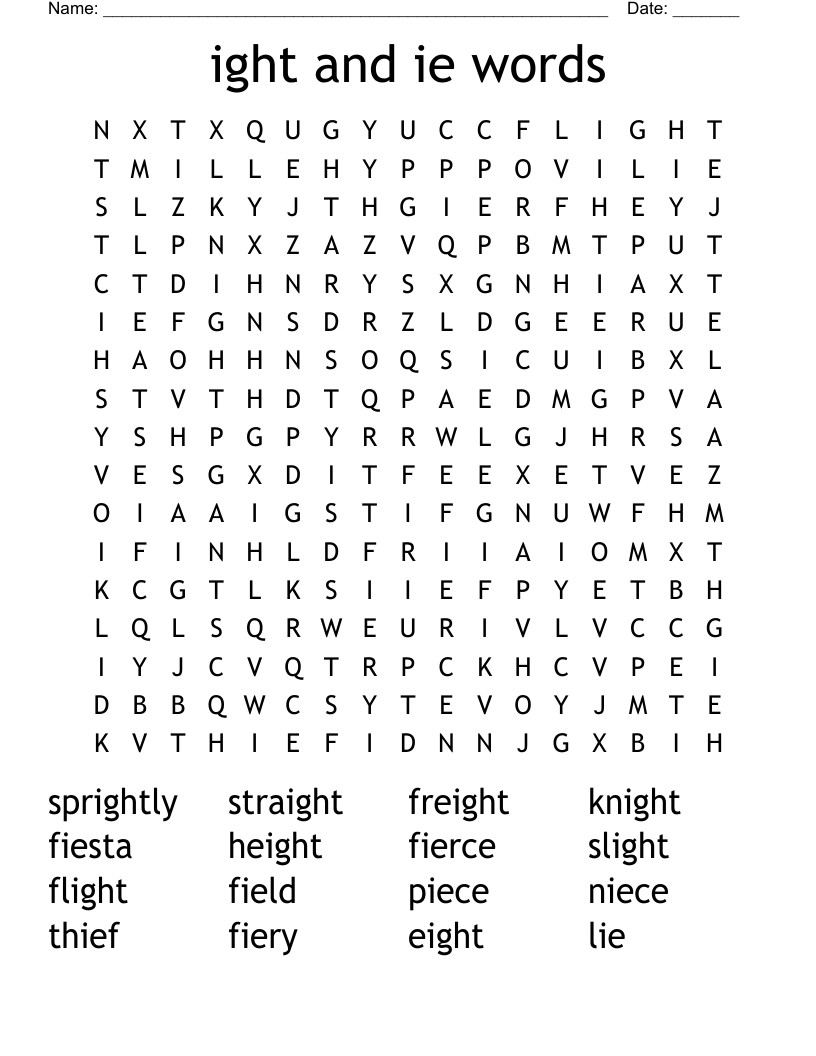 ight and ie words Word Search
