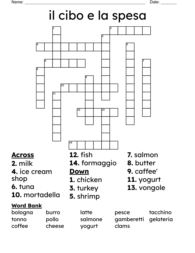 il cibo e la spesa  Crossword