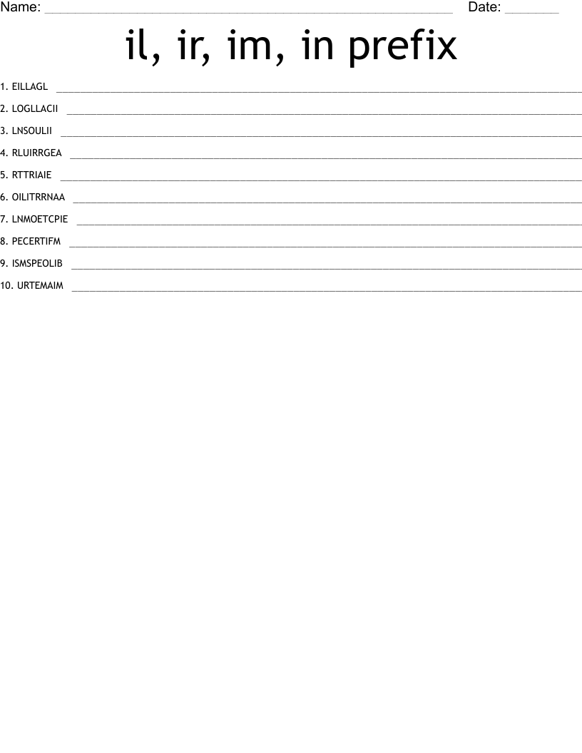il, ir, im, in prefix Word Scramble