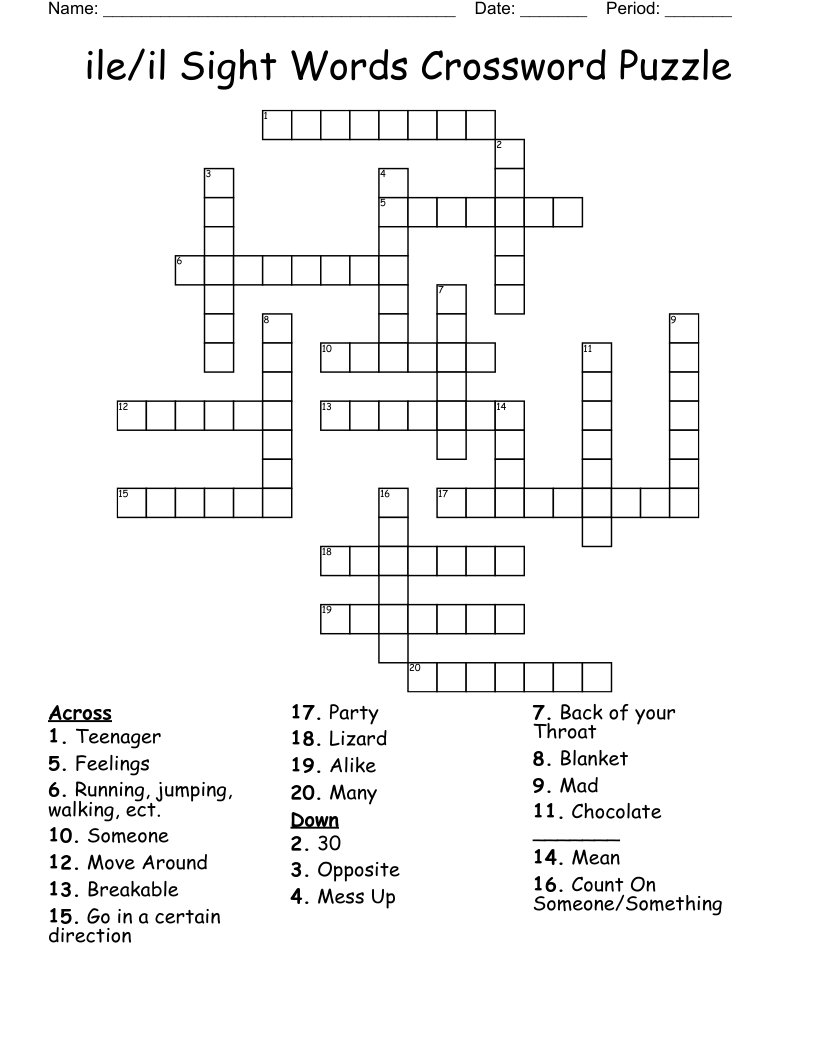 ile/il Sight Words Crossword Puzzle