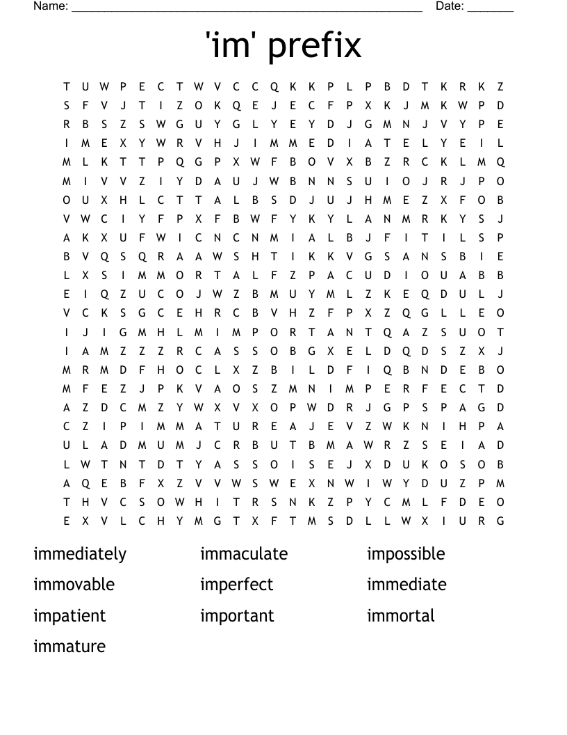 'im' prefix Word Search