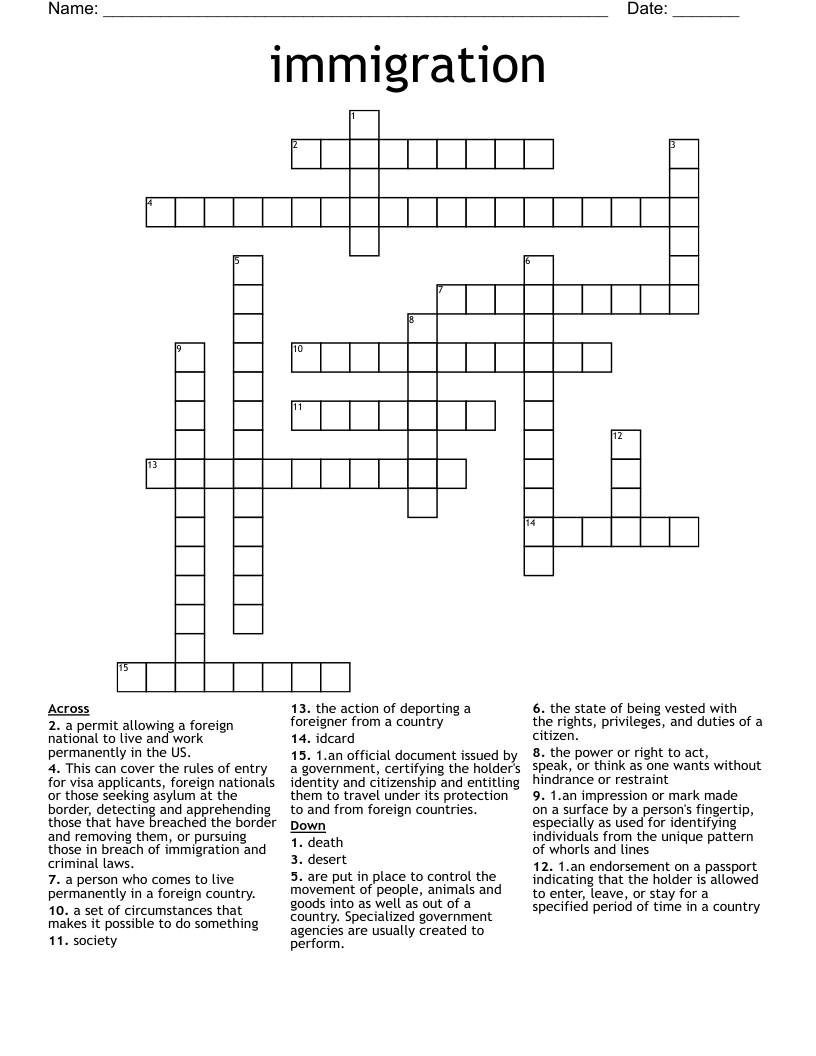 immigration Crossword