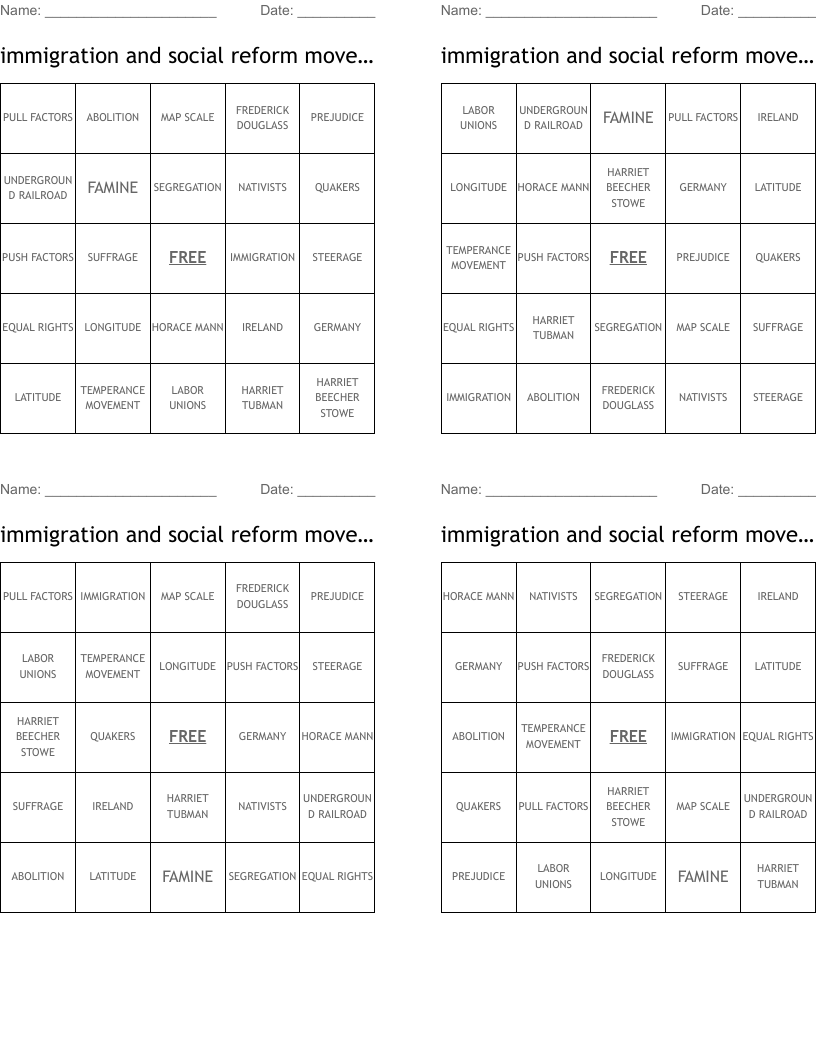 immigration and social reform movement Bingo Cards
