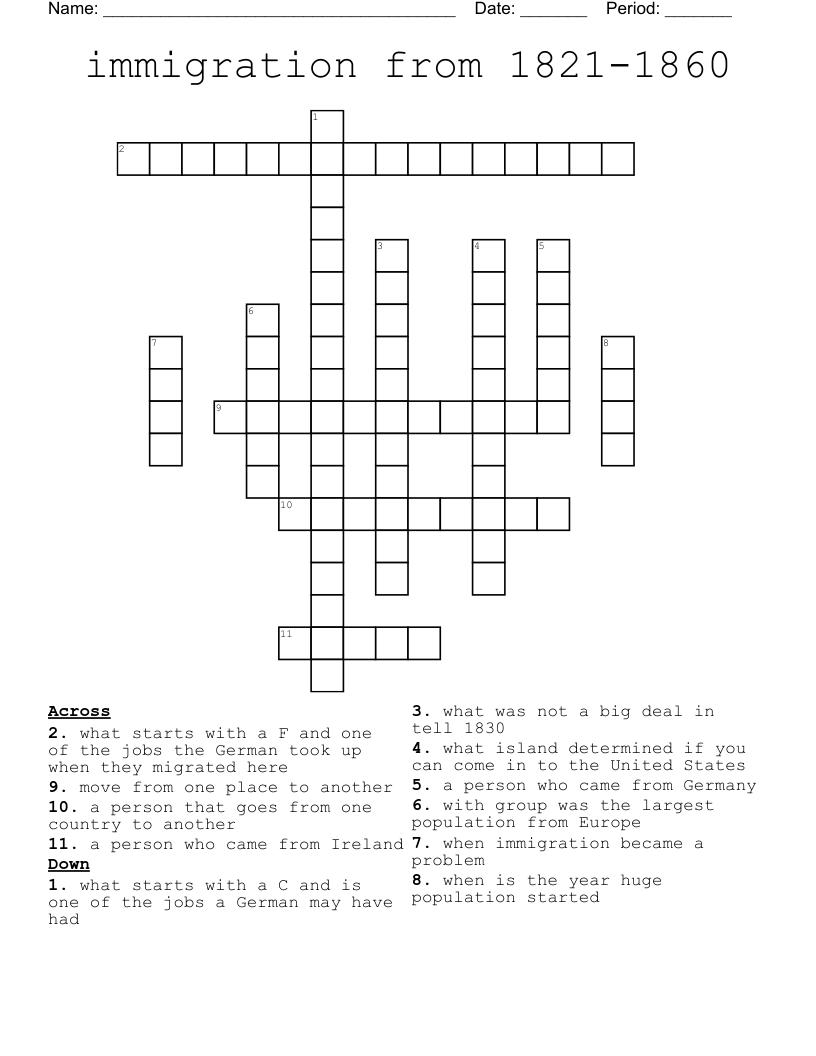 immigration from 1821-1860 Crossword