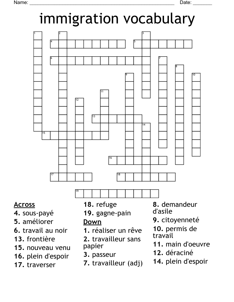 immigration vocabulary Crossword
