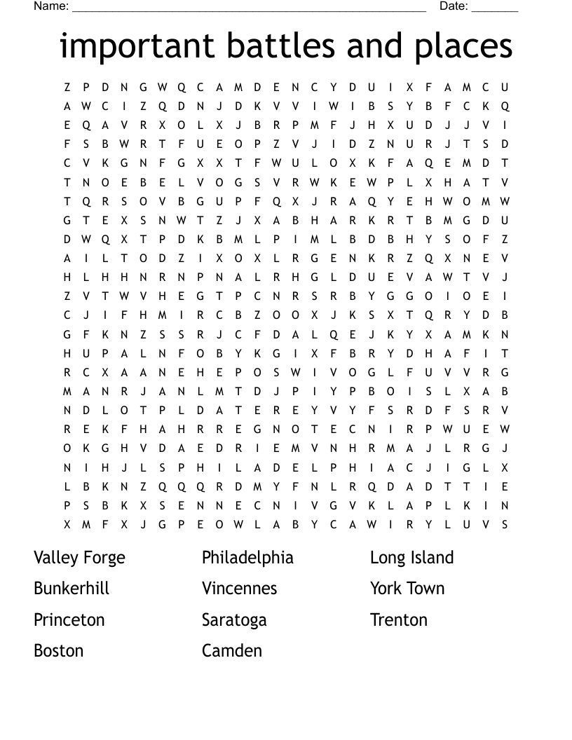 important battles and places Word Search