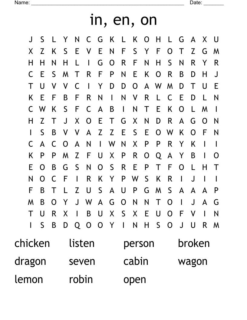 in, en, on Word Search