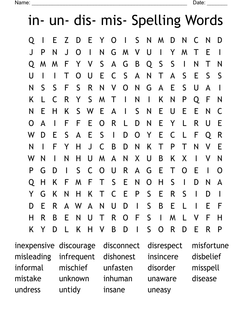 in- un- dis- mis-  Spelling Words Word Search