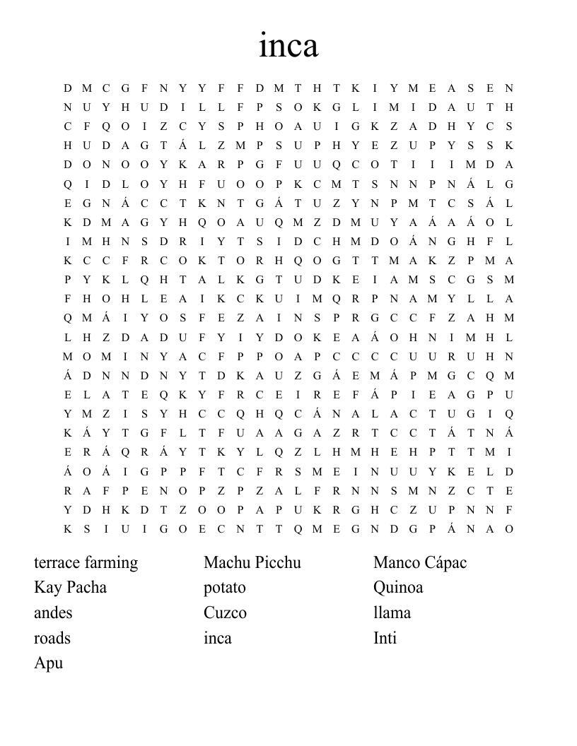 inca  Word Search