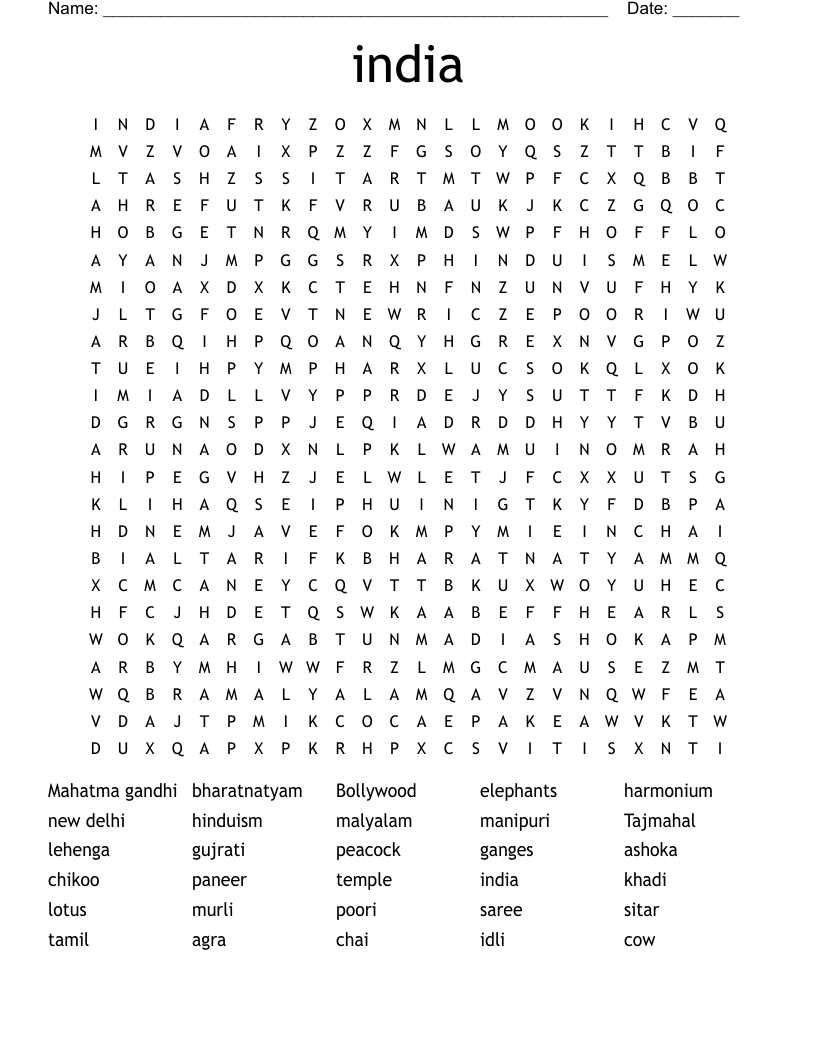 india Word Search