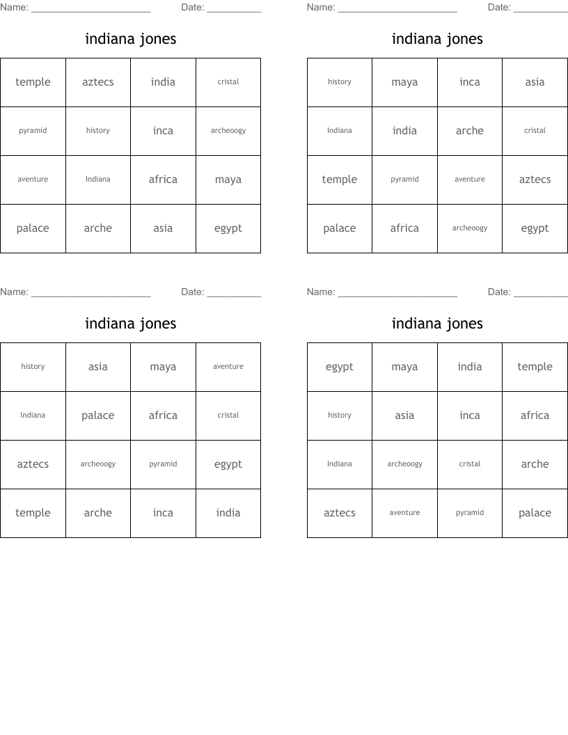 indiana jones  Bingo Cards