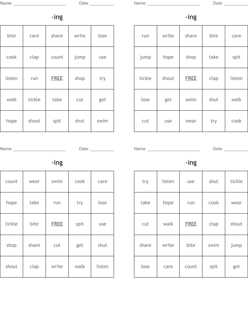 -ing Bingo Cards