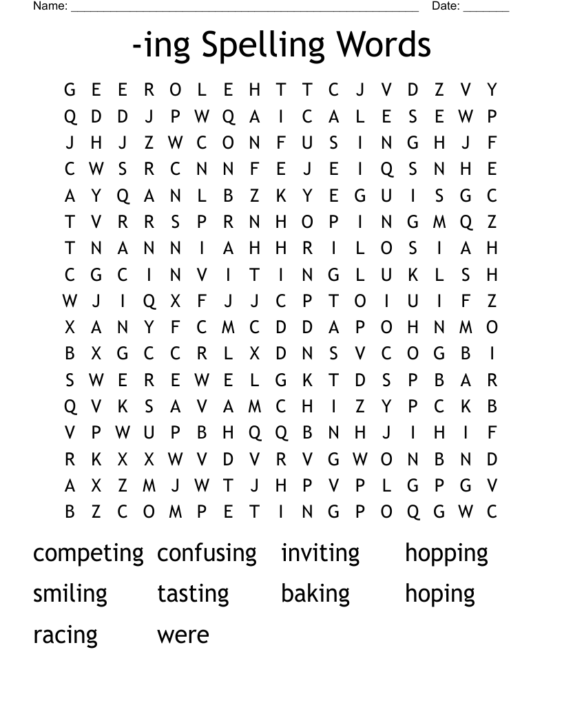 -ing Spelling Words Word Search