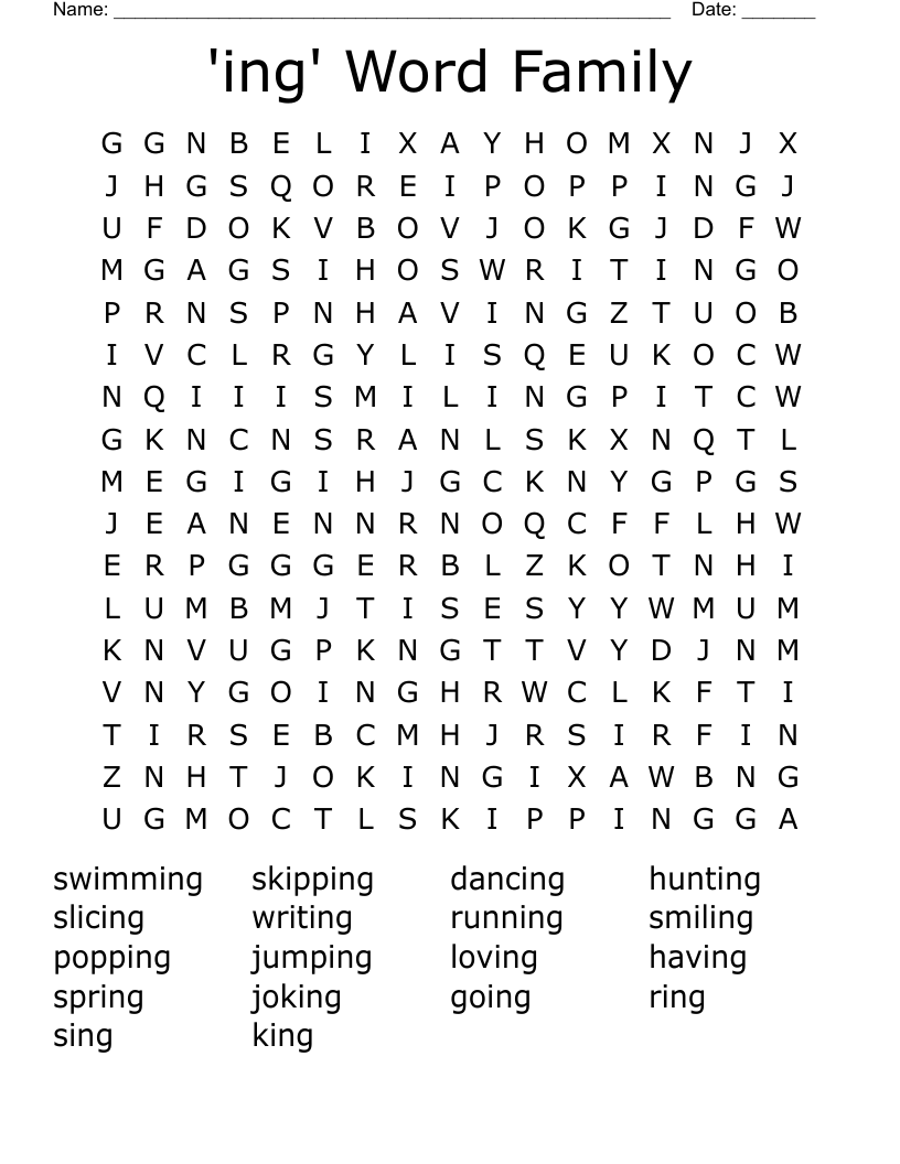 'ing' Word Family Word Search