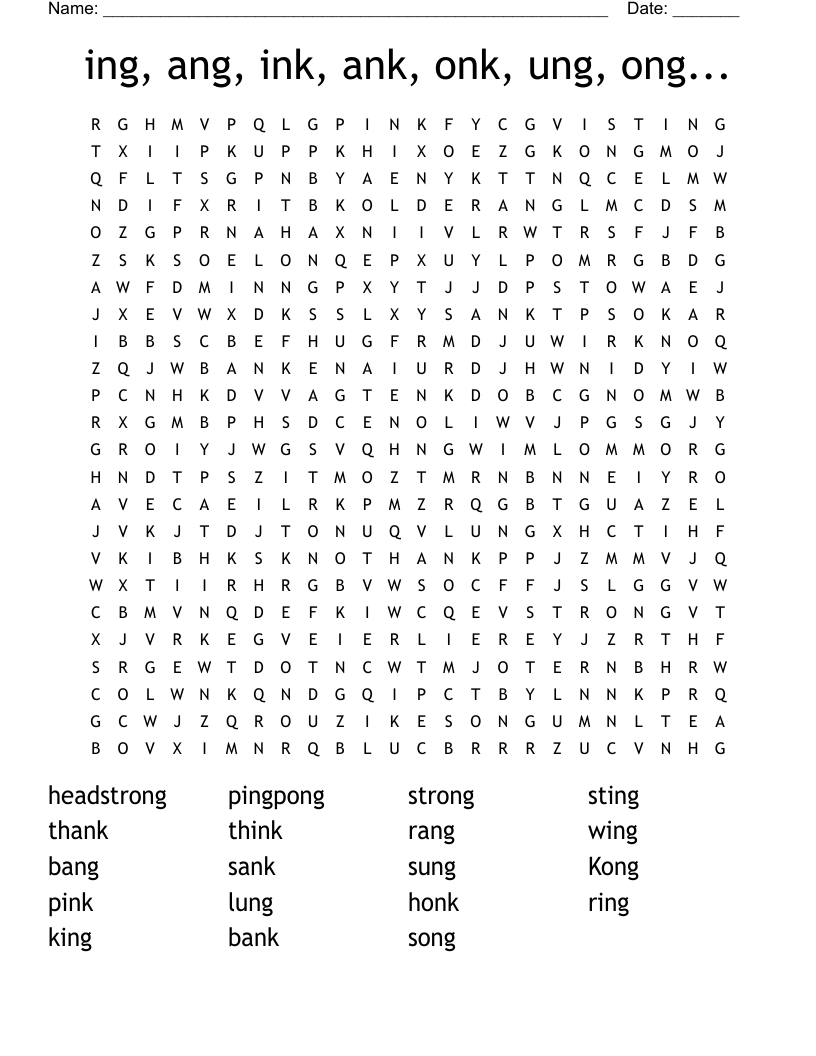 ing, ang, ink, ank, onk, ung, ong... Word Search