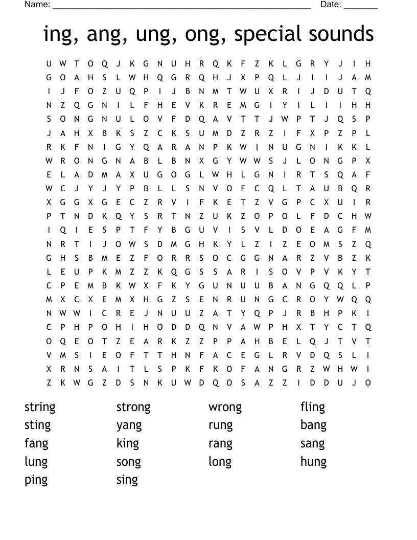 ing, ang, ung, ong, special sounds Word Search