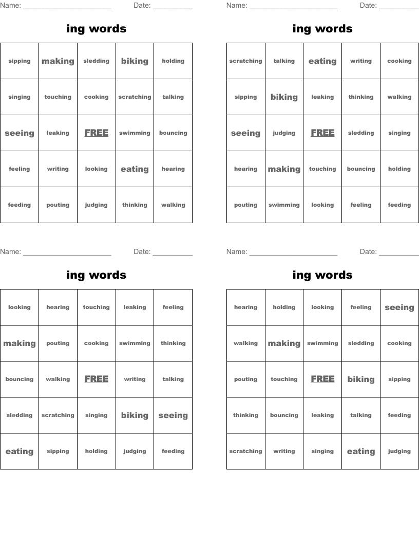 ing words Bingo Cards
