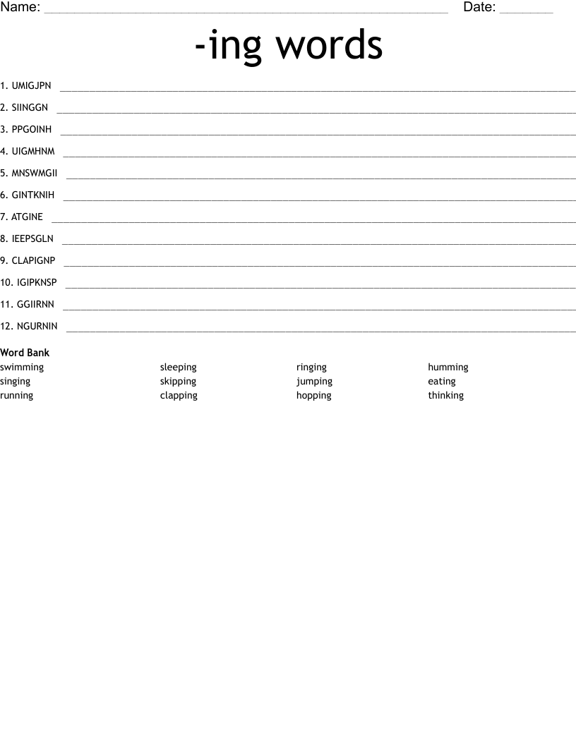 -ing words Word Scramble
