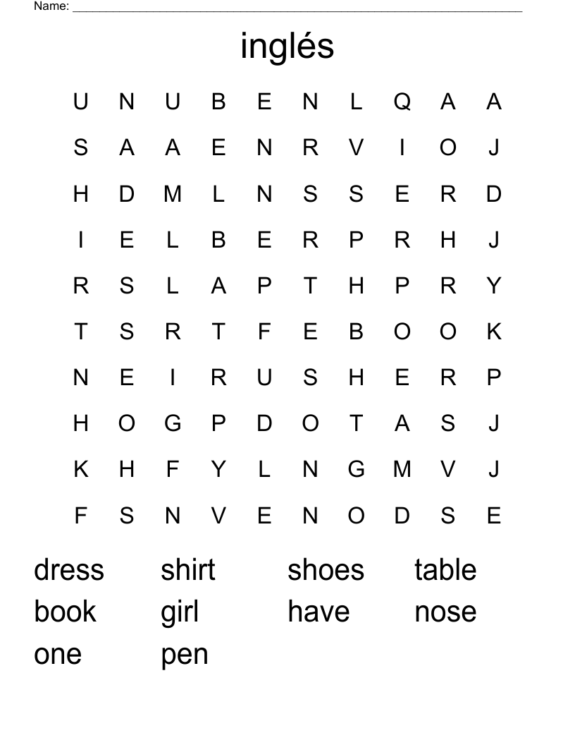 inglés Word Search