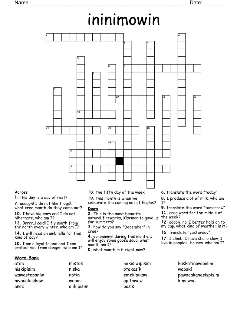 ininimowin Crossword