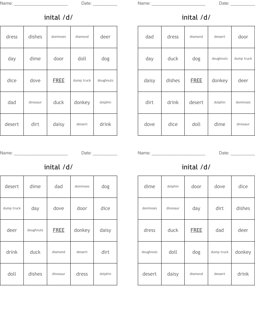 inital /d/ Bingo Cards