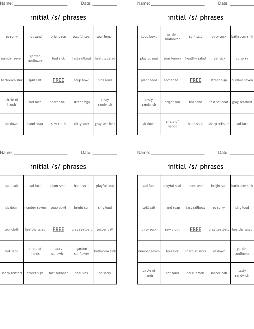 initial /s/ phrases Bingo Cards