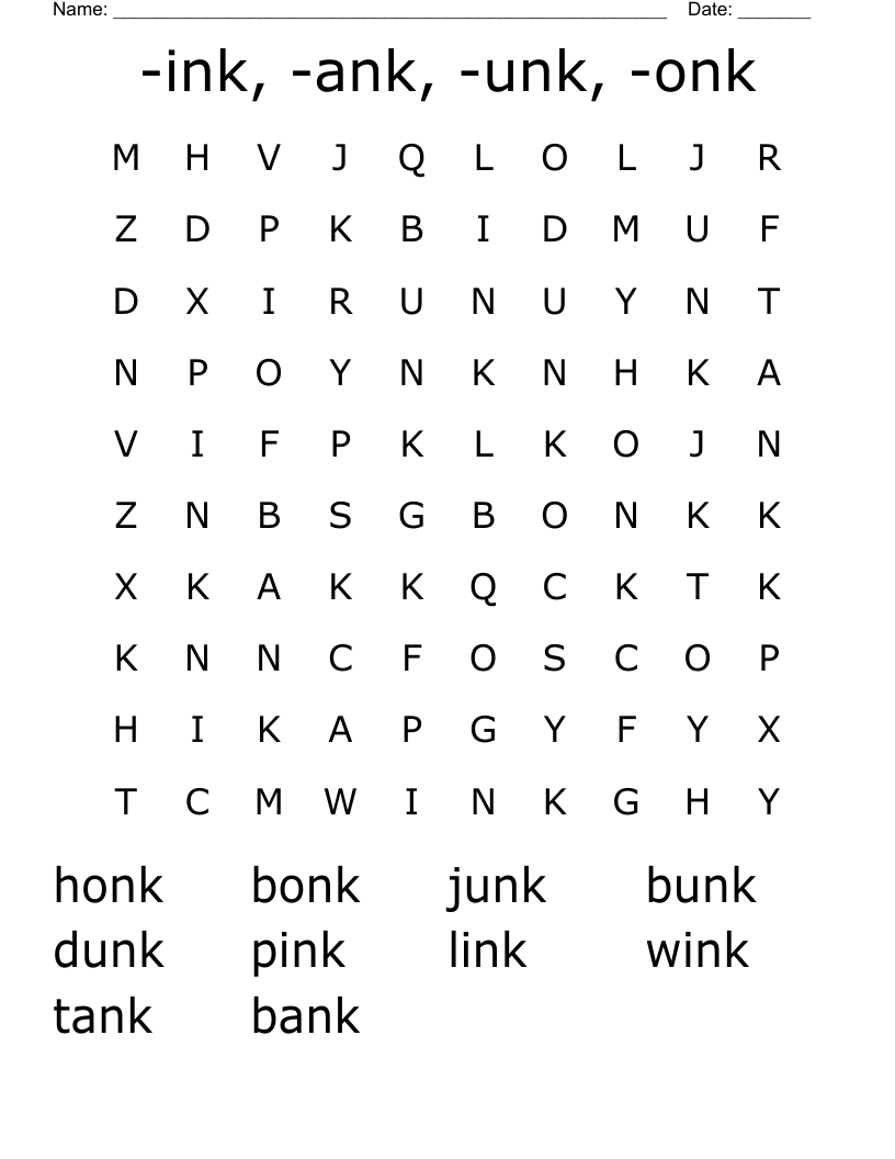 -ink, -ank, -unk, -onk Word Search