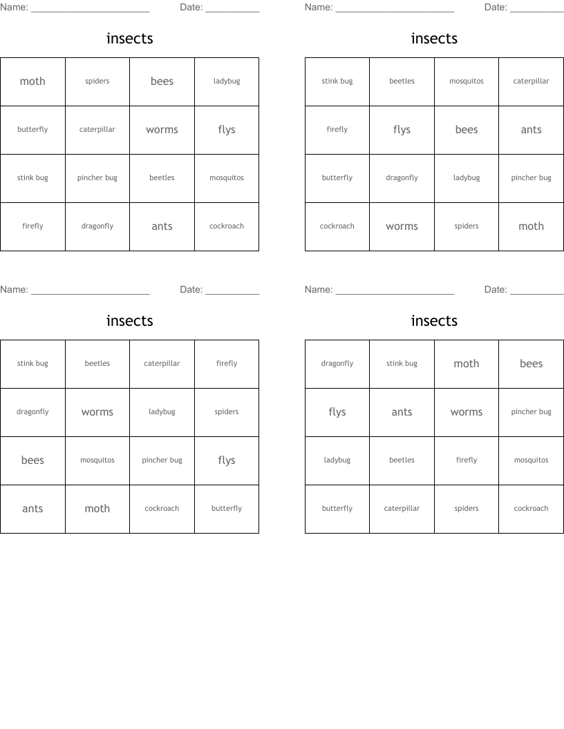 insects  Bingo Cards