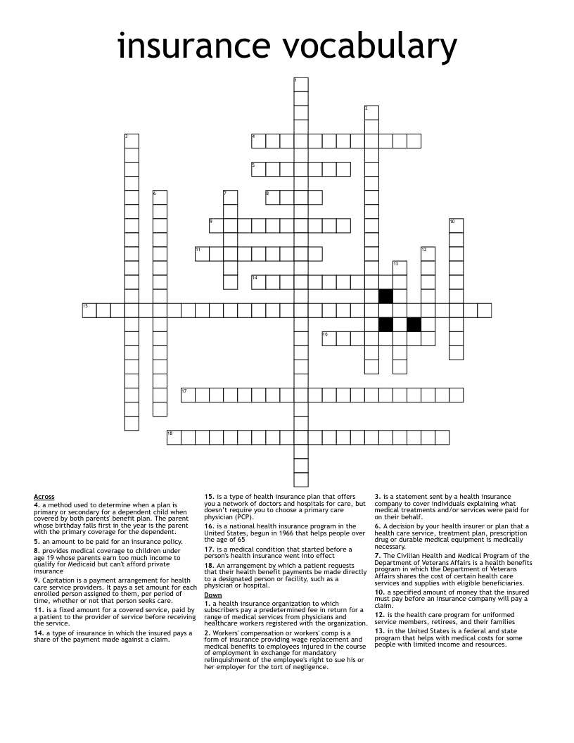 insurance vocabulary Crossword