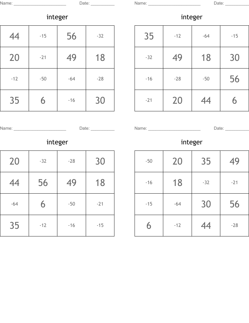 integer Bingo Cards