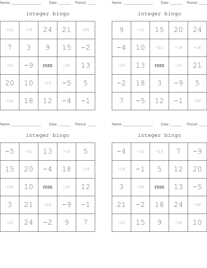 integer bingo