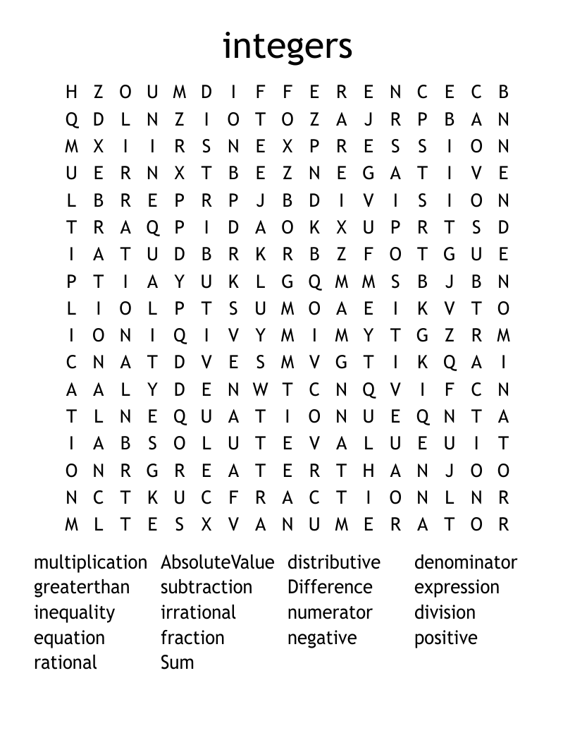 integers Word Search