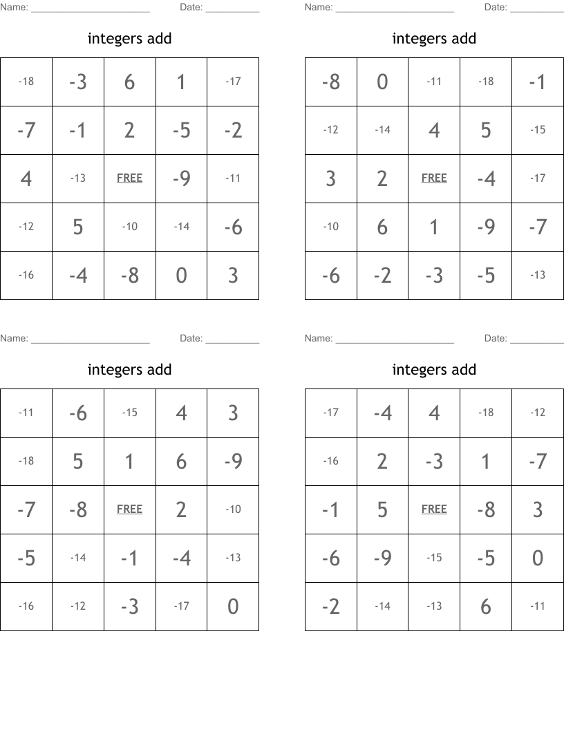 integers add Bingo Cards