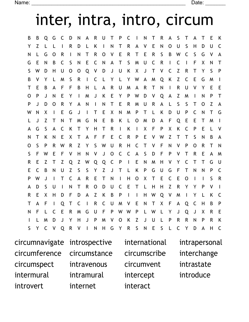 inter, intra, intro, circum Word Search