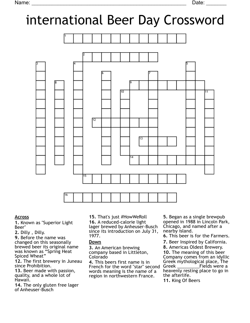 international Beer Day Crossword
