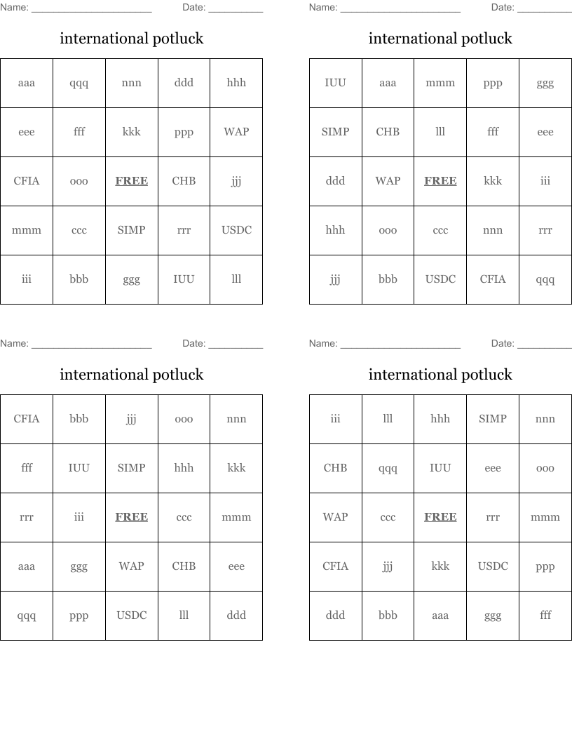 international potluck Bingo Cards