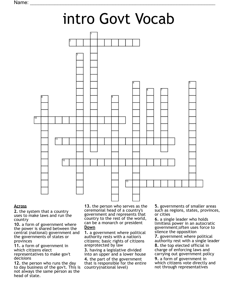 intro Govt Vocab Crossword