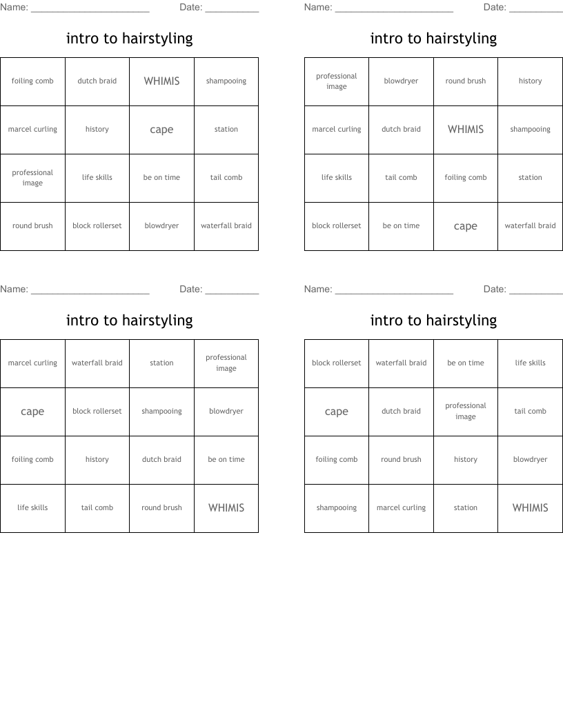 intro to hairstyling Bingo Cards