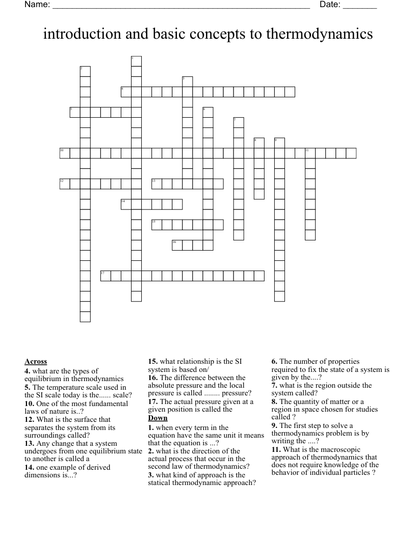 introduction and basic concepts to thermodynamics Crossword