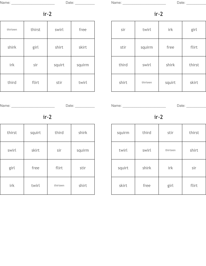 ir-2 Bingo Cards