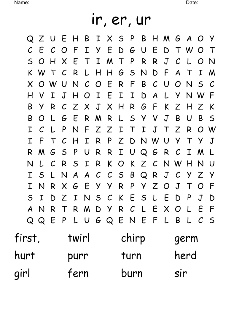 ir, er, ur  Word Search