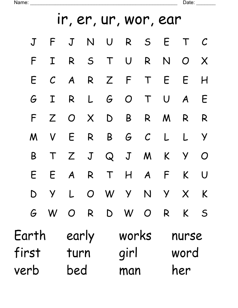 ir, er, ur, wor, ear Word Search
