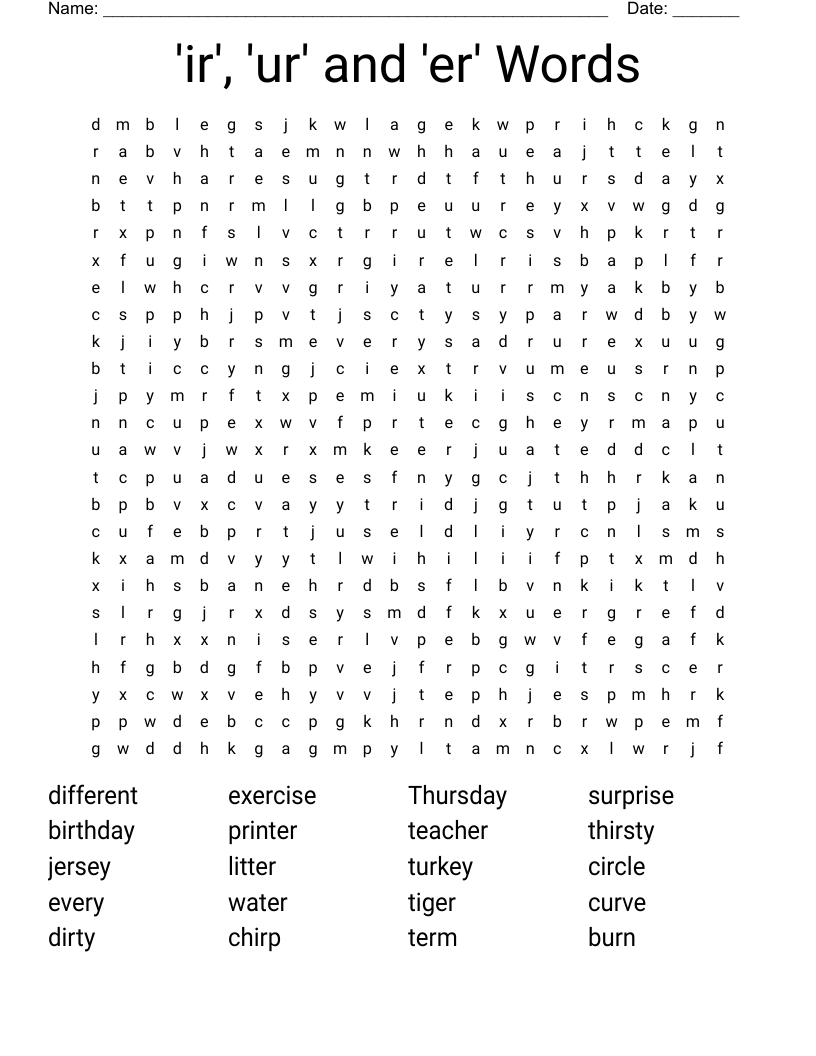 'ir', 'ur' and 'er' Words Word Search