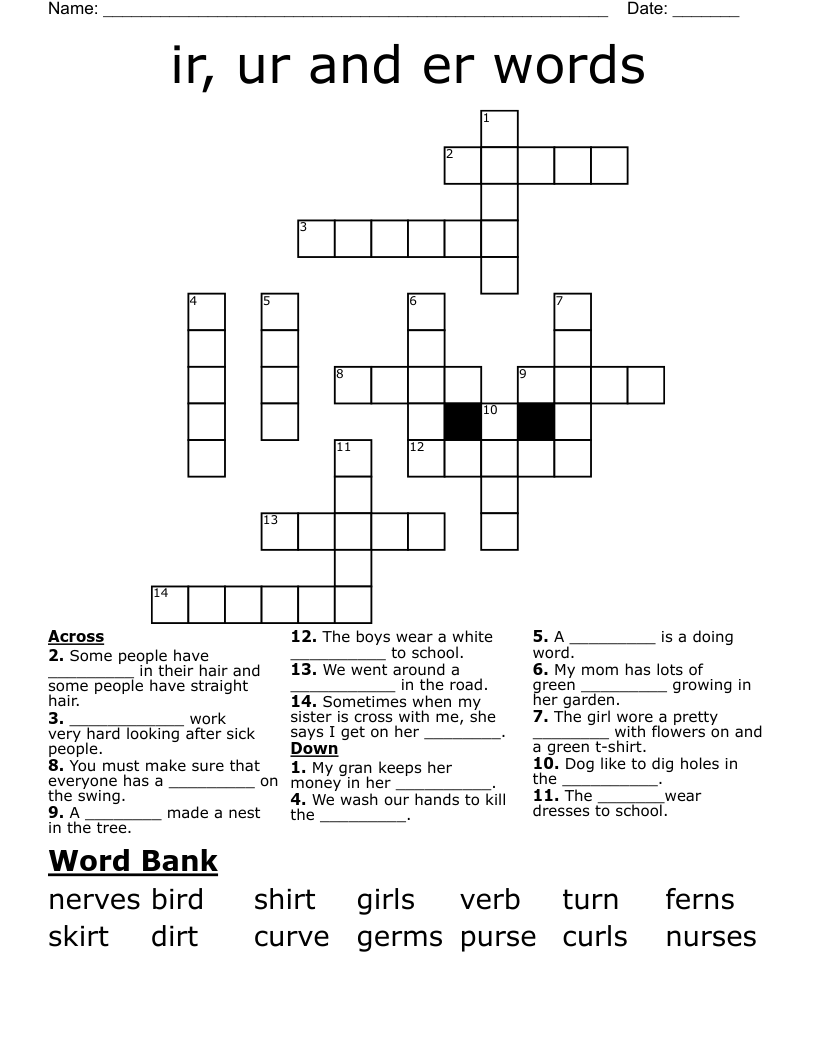 ir, ur and er words Crossword
