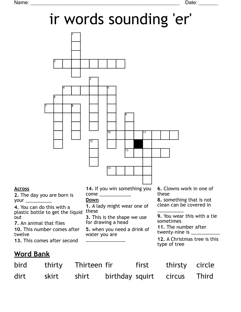 ir words sounding 'er' Crossword