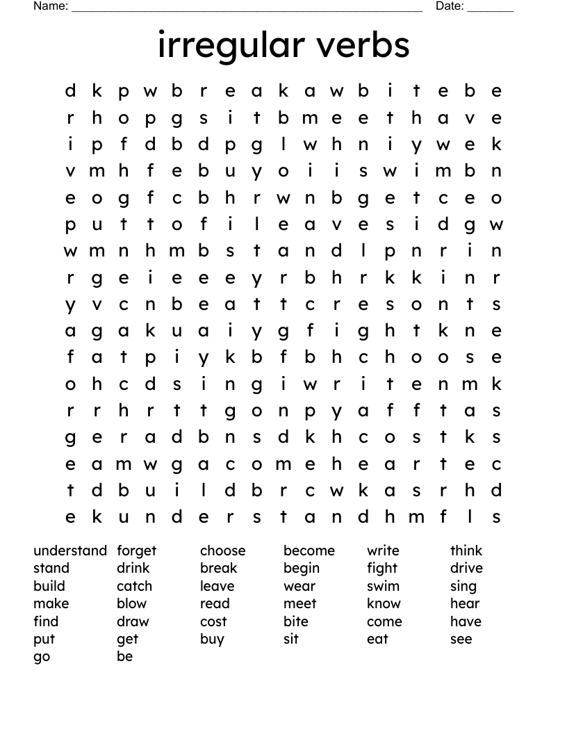 irregular verbs Word Search