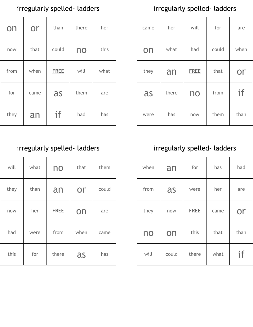 irregularly spelled- ladders Bingo Cards