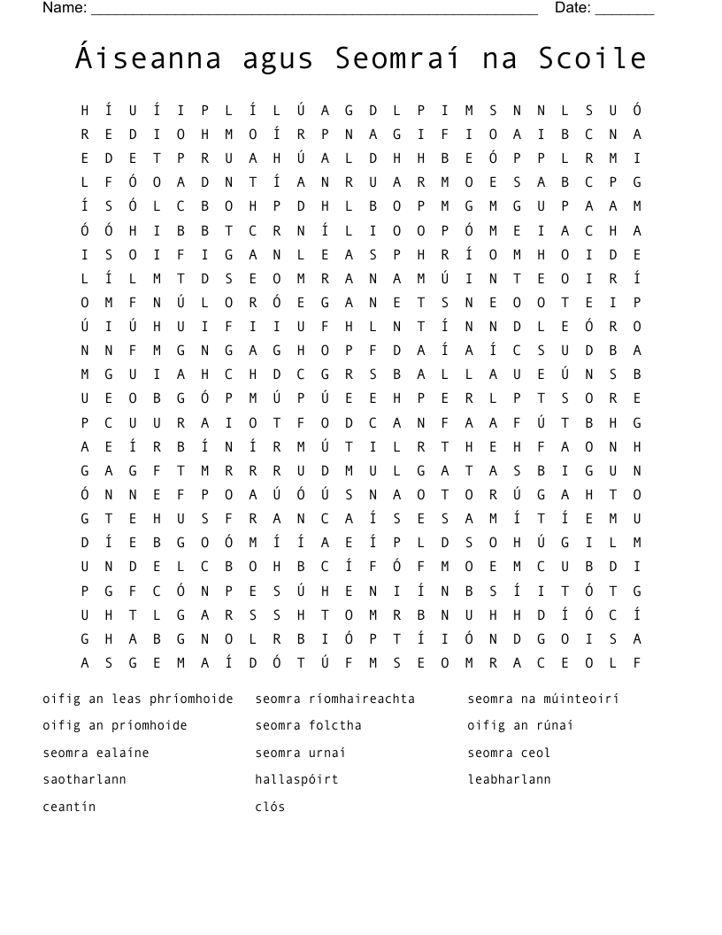 Áiseanna agus Seomraí na Scoile Word Search