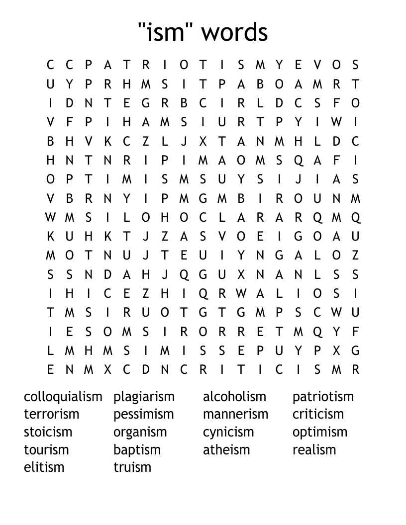 "ism" words Word Search
